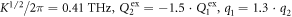 ${K}^{1/2}/2\pi =0.41\,\mathrm{THz},{Q}_{2}^{\mathrm{ex}}=-1.5\cdot {Q}_{1}^{\mathrm{ex}},{q}_{1}=1.3\cdot {q}_{2}$