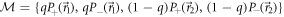 ${ \mathcal M }=\left\{{{qP}}_{+}({\vec{r}}_{1}),{{qP}}_{-}({\vec{r}}_{1}),(1-q){P}_{+}({\vec{r}}_{2}),(1-q){P}_{-}({\vec{r}}_{2})\right\}$