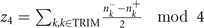 ${z}_{4}={\sum }_{k,k\in \mathrm{T}\mathrm{R}\mathrm{I}\mathrm{M}}\frac{{n}_{k}^{-}-{n}_{k}^{+}}{2}\enspace \mathrm{mod}\enspace 4$