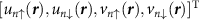 $[u_{n\uparrow}(\boldsymbol{r}),u_{n\downarrow}(\boldsymbol{r}),v_{n\uparrow}(\boldsymbol{r}),v_{n\downarrow}(\boldsymbol{r})]^\mathrm{T}$