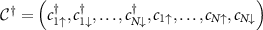 ${\mathcal{C}^{\dagger}} = \left(c_{1\uparrow}^{\dagger}, c_{1\downarrow}^{\dagger}, \ldots, c_{N\downarrow}^{\dagger}, c_{1\uparrow}, \ldots, c_{N\uparrow}, c_{N\downarrow}\right)$