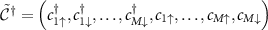 ${\tilde{\mathcal{C}}^{\dagger}} = \left(c_{1\uparrow}^{\dagger}, c_{1\downarrow}^{\dagger}, \ldots, c_{M\downarrow}^{\dagger}, c_{1\uparrow}, \ldots, c_{M\uparrow}, c_{M\downarrow}\right)$