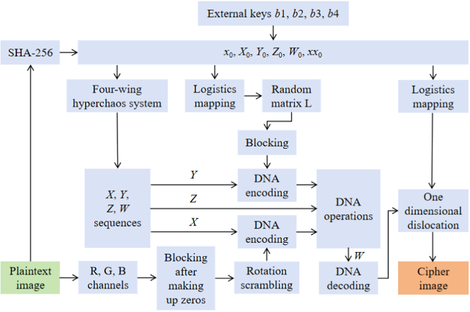 Image encryption algorithm based on hyperchaotic system and dynamic DNA ...
