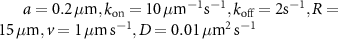 $a = 0.2\,\mu\textrm, k_\textrm = 10\,\mu\textrm^\textrm^, k_\textrm = 2\textrm^, R = 15\,\mu\textrm, v = 1\,\mu\textrm\,\textrm^, D = 0.01\,\mu\textrm^2\,\textrm^$