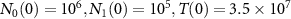 $N_0(0) = 10^6, N_1(0) = 10^5 ,T(0) = 3.5\times 10^7$