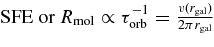 ${\rm SFE\ or\ }R_{\rm mol} \propto \tau _{\rm orb}^{-1} = \frac{v (r_{\rm gal})}{2 \pi r_{\rm gal}}$