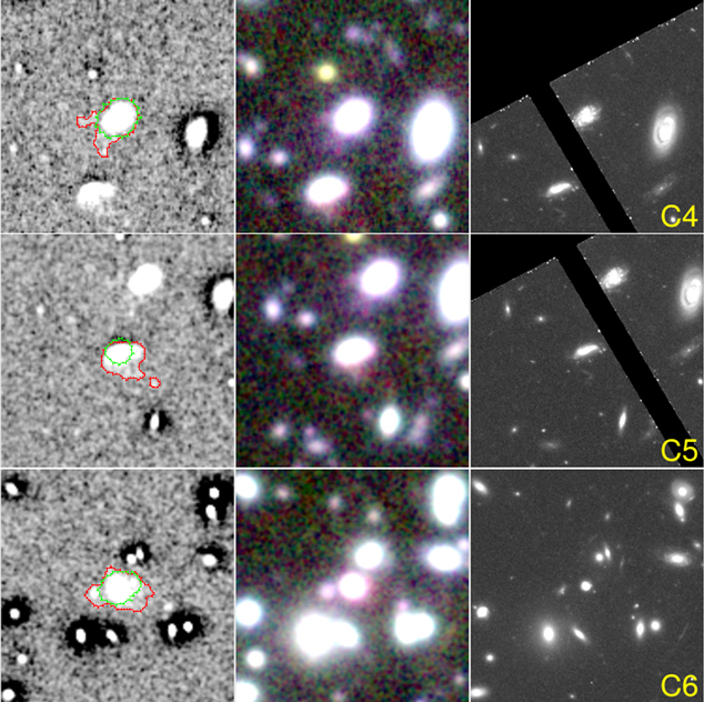 DISCOVERY OF NINE EXTENDED IONIZED GAS CLOUDS IN A z = 0.4 CLUSTER