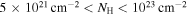 $5\times {10}^{21}\,{\mathrm{cm}}^{-2}\lt {N}_{{\rm{H}}}\lt {10}^{23}\,{\mathrm{cm}}^{-2}$