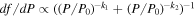 ${df}/{dP}\propto {\left({(P/{P}_{0})}^{-{k}_{1}}+{(P/{P}_{0})}^{-{k}_{2}}\right)}^{-1}$