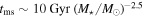${t}_{\mathrm{ms}}\sim 10\,\mathrm{Gyr}\,{({M}_{\star }/{M}_{\odot })}^{-2.5}$