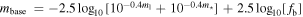 ${m}_{{\rm{base}}}\,=-2.5{\mathrm{log}}_{10}\left[\right.1{0}^{-0.4{m}_{{\rm{l}}}}+1{0}^{-0.4{m}_{\star }}\left]\right.+2.5{\mathrm{log}}_{10}[{f}_{{\rm{b}}}]$