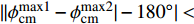 $ ||\phi_{\rm cm}^{\rm max1}-\phi_{\rm cm}^{\rm max2}|-180^\circ| \lt $
