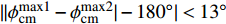 $ ||\phi_{\rm cm}^{\rm max1}-\phi_{\rm cm}^{\rm max2}|-180^\circ| \lt 13^{\circ} $