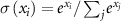 $\sigma \left( {{x_i}} \right) = {e^{{x_i}}}/\mathop \sum \nolimits_j {e^{{x_j}}}$