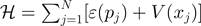 $\mathcal{H}={\sum }_{j=1}^{N}[\varepsilon ({p}_{j})+V({x}_{j})]$