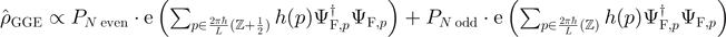 ${\hat{\rho }}_{\text{GGE}}\propto {P}_{N\enspace \mathrm{e}\mathrm{v}\mathrm{e}\mathrm{n}}\cdot \mathrm{exp}\left({\sum }_{p\in \frac{2\pi \hslash }{L}(\mathbb{Z}+\frac{1}{2})}\;h(p){{\Psi}}_{\text{F},p}^{{\dagger}}{{\Psi}}_{\text{F},p}\right)+{P}_{N\enspace \mathrm{o}\mathrm{d}\mathrm{d}}\cdot \mathrm{exp}\left({\sum }_{p\in \frac{2\pi \hslash }{L}(\mathbb{Z})}\;h(p){{\Psi}}_{\text{F},p}^{{\dagger}}{{\Psi}}_{\text{F},p}\right)$