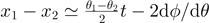 ${x}_{1}-{x}_{2}\simeq \frac{{\theta }_{1}-{\theta }_{2}}{2}t-2\mathrm{d}\phi /\mathrm{d}\theta $