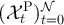 $(\mathcal{X}^{\mathrm{P}}_t)_{t = 0}^{\mathcal{N}}$