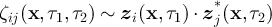 $\zeta_{ij}(\textbf{x},\tau_1,\tau_2) \sim \boldsymbol{z}_i(\textbf{x},\tau_1)\cdot \boldsymbol{z}^*_j(\textbf{x},\tau_2)$