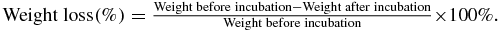 ${\rm Weight \; loss}(\%) =\vspace*{3pt} \frac{{{\rm Weight \; before \; incubation} - {\rm Weight \; after \;incubation}}}{{{\rm Weight \; before \; incubation}}}{\rm \times 100 \% }{\rm .}$