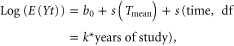 $\mathrm{Log}\left(E\left(Yt\right)\right)={b}_{0}+s\left({T}_{{\rm mean}}\right)+s({\rm time},\;{\rm df}=k*\mathrm{years}\;{\rm of}\;{\rm study}),$
