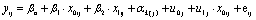 ${{{y}}_{{{ij}}}} = {{{\beta }}_{{o}}} + {{{\beta }}_1} \cdot {{{x}}_0}_{{{ij}}} + {{{\beta }}_2} \cdot {{{x}}_1}_{{{ij}}} + {{{\alpha }}_{{{k}}\left( {{j}} \right)}} + {{{u}}_0}_{{j}} + {{{u}}_1}_{{j}} \cdot {{{x}}_0}_{{{ij}}} + {{{\rm e}}_{{{ij}}}}$