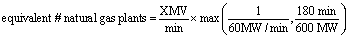 ${\rm{equivalent\; \# \, natural\; gas\; plants}} = \frac{{{\rm{XMW}}}}{{{\rm{min}}}} \times {\rm{max}}\left( {\frac{1}{{60{\rm{MW}}/{\rm{min}}}},\frac{{180{\rm{min}}}}{{600{\rm{MW}}}}} \right)$