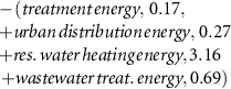 $\begin{array}{l} - \left( treatment\,energy,\,0.17,\right.\\ + urban\,distribution\,energy,\,0.27\\ + res.\,water\,heating\,energy,3.16\\ \left. + wastewater\,treat.\,energy,0.69 \right)\end{array} $