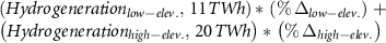 $\begin{array}{l} \left(Hydro\,generation_{low-elev.}, \, 11 \,TWh \right) *\, \left(\% \, \Delta _{low-elev.}\right)\, + \\ \left( Hydro\,generation_{high-elev.},\, 20\,TWh\right)*\, \left( \% \, \Delta _{high-elev.} \right)\end{array}$