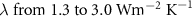 $\lambda \,\,{\text{from}}\,\,1.3\,\,{\text{to}}\,\,3.0\;{\text{W}}{{\text{m}}^{ - 2}}\;{{\text{K}}^{ - 1}}$