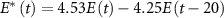 ${E^ * }\left( t \right) = 4.53E\left( t \right) - 4.25E\left( {t - 20} \right)$
