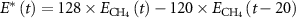 ${E^ * }\left( t \right) = 128 \times {E_{{\text{C}}{{\text{H}}_{\text{4}}}}}\left( t \right) - 120 \times {E_{{\text{C}}{{\text{H}}_{\text{4}}}}}\left( {t - 20} \right)$