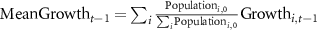 $\textrm{MeanGrowth}_{t-1} = \sum_i \frac{\mathrm{Population}_{i,0}}{\sum_i \mathrm{Population}_{i,0}} \textrm{Growth}_{i,t-1}$