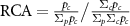 $\textrm {RCA} = \frac{p_c}{\Sigma_p p_c} \big/ \frac{\Sigma_c p_c}{\Sigma_p \Sigma_c p_c}$