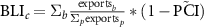 $\textrm {BLI}_c = \Sigma_b \frac{\textrm {exports}_b}{\Sigma_p \textrm {exports}_p}*(1 - \tilde{\textrm {PCI}})$