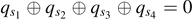 ${q}_{{s}_{1}}\oplus {q}_{{s}_{2}}\oplus {q}_{{s}_{3}}\oplus {q}_{{s}_{4}}=0$