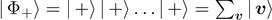 $\left\vert \enspace {{\Phi}}_{+}\right\rangle =\left\vert \enspace +\right\rangle \left\vert \enspace +\right\rangle \dots \left\vert \enspace +\right\rangle ={\sum }_{\boldsymbol{v}}\left\vert \enspace \boldsymbol{v}\right\rangle $