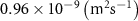 $0.96 \times {10^{ - 9}}\left( {{{\text{m}}^{\text{2}}}{\text{s}}^{-1}} \right)$
