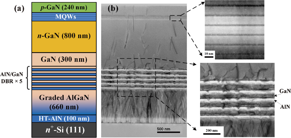 Vertical-conducting InGaN/GaN multiple quantum wells LEDs with AlN/GaN ...