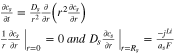 $\begin{array}{l}\tfrac{\partial {c}_{s}}{\partial t}=\tfrac{{D}_{s}}{{r}^{2}}\tfrac{\partial }{\partial r}\left({r}^{2}\tfrac{\partial {c}_{s}}{\partial r}\right)\\ \tfrac{1}{r}{\left.\tfrac{\partial {c}_{s}}{\partial r}\right|}_{r=0}=0\,and\,{D}_{s}{\left.\tfrac{\partial {c}_{s}}{\partial r}\right|}_{r={R}_{s}}=\tfrac{-{j}^{Li}}{{a}_{s}F}\end{array}$