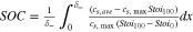 $SOC=\tfrac{1}{{\delta }_{-}}\displaystyle {\int }_{0}^{{\delta }_{-}}\tfrac{\left({c}_{s,ave}-{c}_{s,\max }Sto{i}_{100}\right)}{{c}_{s,\max }\left(Sto{i}_{100}-Sto{i}_{0}\right)}dx$