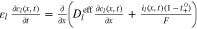 ${\varepsilon }_{l}\,\tfrac{\partial {c}_{l}(x,t)}{\partial t}=\tfrac{\partial }{\partial x}\left({D}_{l}^{\mathrm{eff}}\tfrac{\partial {c}_{l}(x,t)}{\partial x}+\tfrac{{i}_{l}(x,t)(1-{t}_{+}^{0})}{F}\right)$