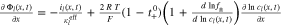 $\tfrac{\partial \,{{\rm{\Phi }}}_{l}(x,t)}{\partial x}=-\tfrac{{i}_{l}(x,t)}{{\kappa }_{l}^{\mathrm{eff}}}+\tfrac{2\,R\,T}{F}\left(1-{t}_{+}^{0}\right)\left(1+\tfrac{d\,\mathrm{ln}{f}_{\pm }}{d\,\mathrm{ln}\,{c}_{l}(x,t)}\right)\tfrac{\partial \,\mathrm{ln}\,{c}_{l}(x,t)}{\partial x}$