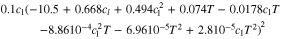 $\begin{array}{c}0.1{c}_{{\rm{l}}}\left(-10.5+0.668{c}_{l}+0.494{c}_{{\rm{l}}}^{2}+0.074T-0.0178{c}_{{\rm{l}}}T\right.\\ \qquad -{\left.{8.8610}^{-4}{c}_{{\rm{l}}}^{2}T-{6.9610}^{-5}{T}^{2}+{2.810}^{-5}{c}_{{\rm{l}}}{T}^{2}\right)}^{2}\end{array}$