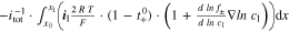 $-{i}_{\mathrm{tot}}^{-1}\cdot {\int }_{{x}_{0}}^{{x}_{1}}\left({{\boldsymbol{i}}}_{{\rm{l}}}\tfrac{2\,R\,T}{F}\cdot (1-{t}_{+}^{0})\cdot \left(1+\tfrac{d\,{ln}\,{f}_{\pm }}{d\,{ln}\,{c}_{{\rm{l}}}}{\rm{\nabla }}{ln}\,{c}_{{\rm{l}}}\right)\right){\rm{d}}x$