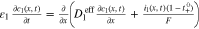 ${\varepsilon }_{{\rm{l}}}\,\tfrac{\partial {c}_{{\rm{l}}}(x,t)}{\partial t}=\tfrac{\partial }{\partial x}\left({D}_{{\rm{l}}}^{\mathrm{eff}}\tfrac{\partial {c}_{{\rm{l}}}(x,t)}{\partial x}+\tfrac{{i}_{{\rm{l}}}(x,t)(1-{t}_{+}^{0})}{F}\right)$