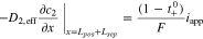 ${\left.-{D}_{2,{\rm{eff}}}\displaystyle \frac{\partial {c}_{2}}{\partial x}\right|}_{x={L}_{pos}+{L}_{sep}}=\displaystyle \frac{\left(1-{t}_{+}^{0}\right)}{F}{i}_{{\rm{app}}}$