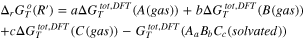 $\begin{array}{l}{{\rm{\Delta }}}_{r}{G}_{T}^{o}\left(R^{\prime} \right)=a{\rm{\Delta }}{G}_{T}^{tot,DFT}\left(A\left(gas\right)\right)+b{\rm{\Delta }}{G}_{T}^{tot,DFT}\left(B\left(gas\right)\right)\\ +c{\rm{\Delta }}{G}_{T}^{tot,DFT}\left(C\left(gas\right)\right)-{G}_{T}^{tot,DFT}\left({A}_{a}{B}_{b}{C}_{c}\left(solvated\right)\right)\end{array}$