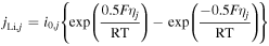 $\begin{array}{c}{j}_{\mathrm{Li},j}={i}_{0,j}\left\{\exp \left(\displaystyle \frac{{\rm{0.5}}F{\eta }_{j}}{{\rm{RT}}}\right)-\exp \left(\displaystyle \frac{-{\rm{0.5}}F{\eta }_{j}}{{\rm{RT}}}\right)\right\}\end{array}$