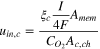 ${u}_{in,c}=\displaystyle \frac{{\xi }_{c}\displaystyle \frac{I}{4F}{A}_{mem}}{{C}_{{O}_{2}}{A}_{c,ch}}$
